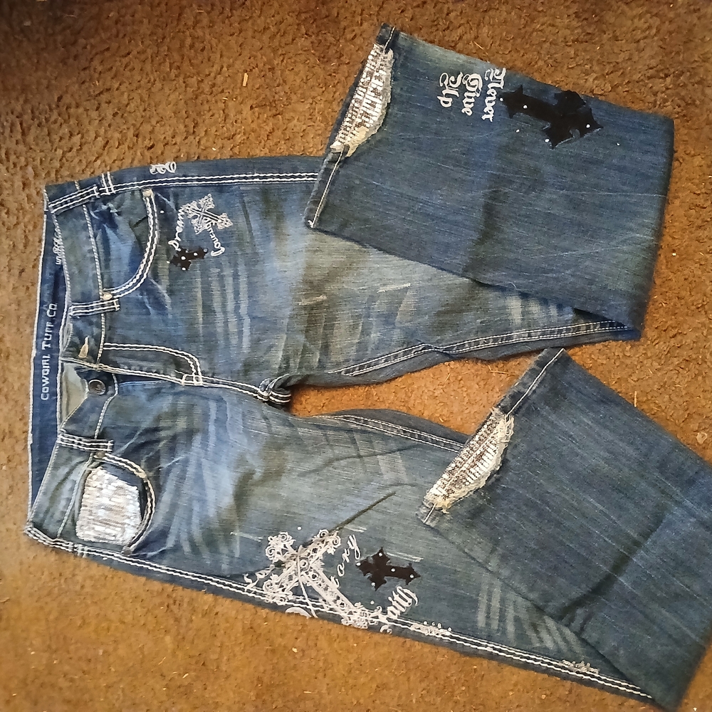 Cowgirl Tuff Women's Boot Cut Jeans - Blue with White Accents